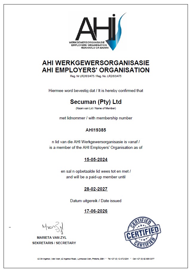 Secuman AHI Employers Organisation membership certificate valid to 28 February 2027