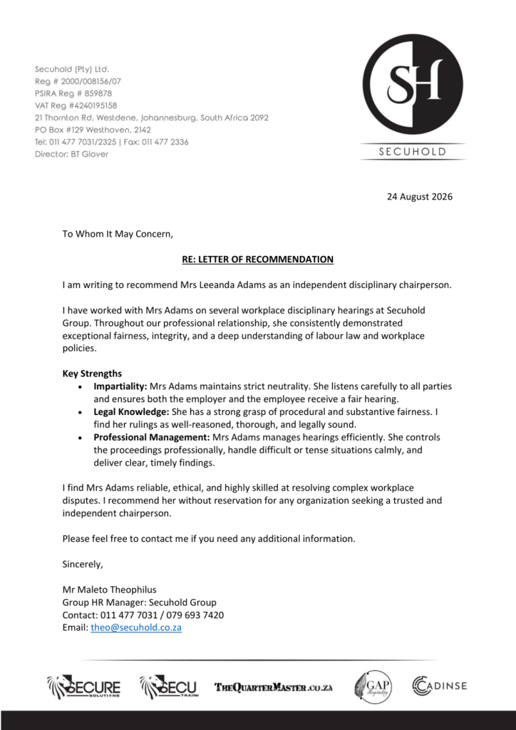 Letter of recommendation for Mrs Leeanda Adams from Secuhold Group
